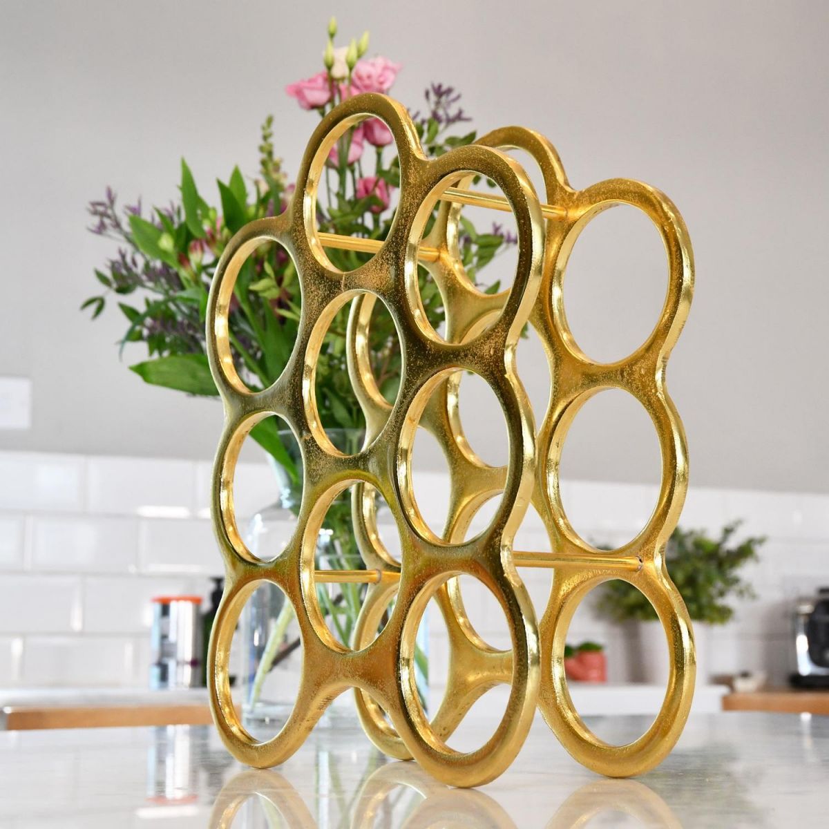 Side view of "Floating Bubbles" Wine Rack in Gold 