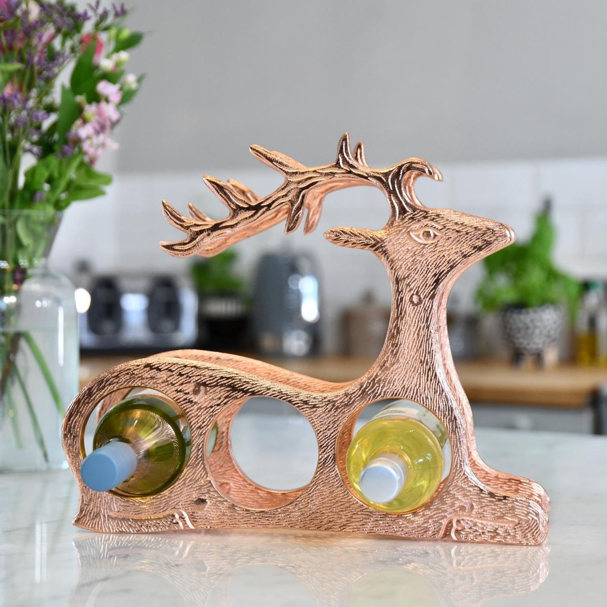 Copper "Laying Stag" Wine Rack in Kitchen Setting 