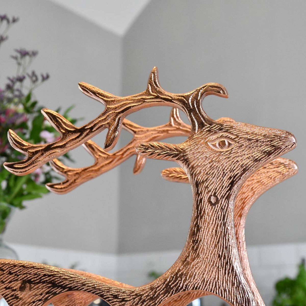 Close up of "Laying Stag" in Copper Finish detailing 