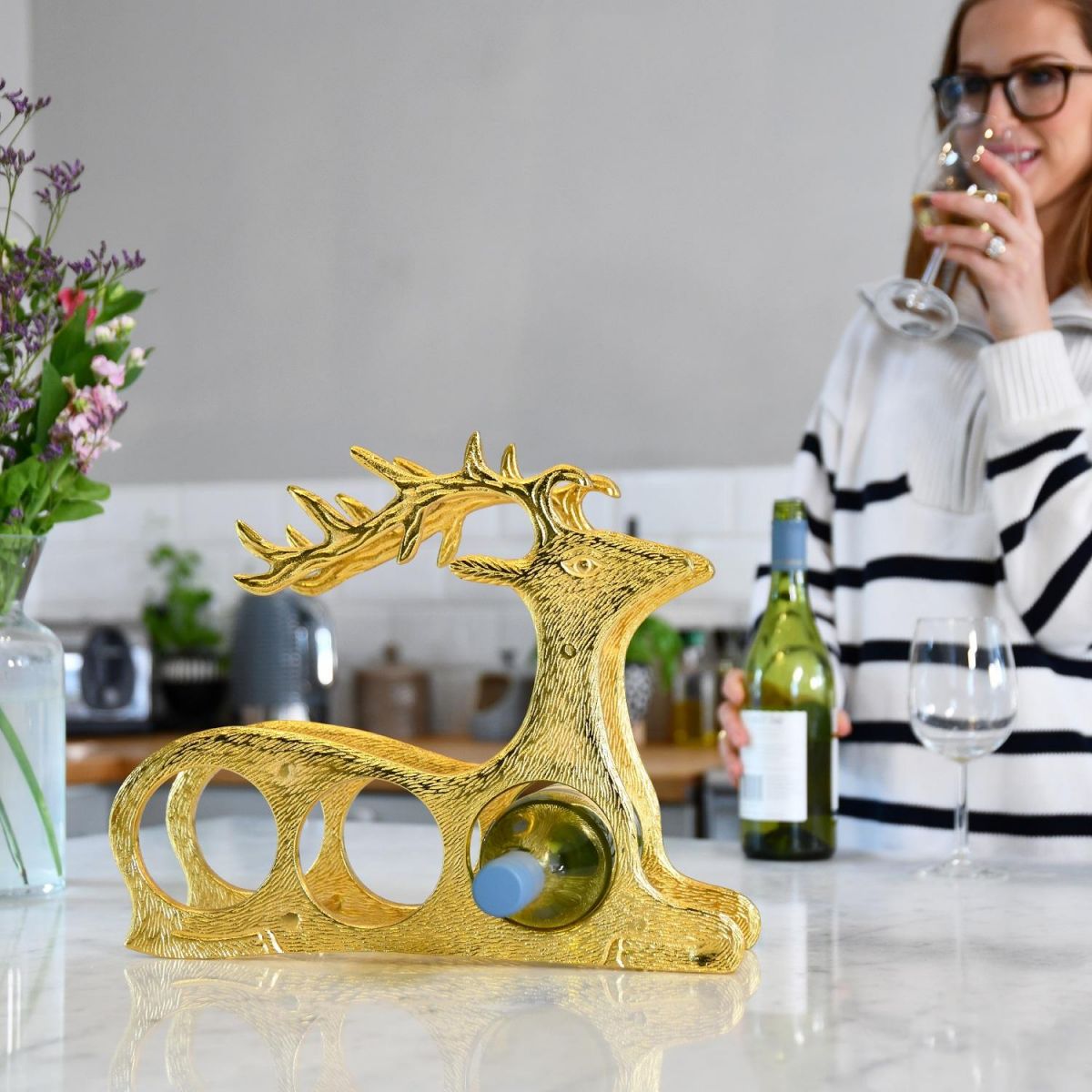 Gold "Laying Stag" Wine Rack in Kitchen Setting 