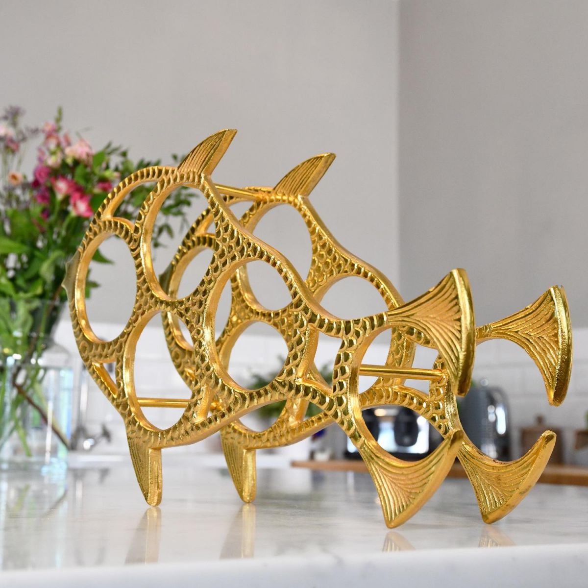 "Fish" Wine Rack in Gold Finish in Kitchen Setting 