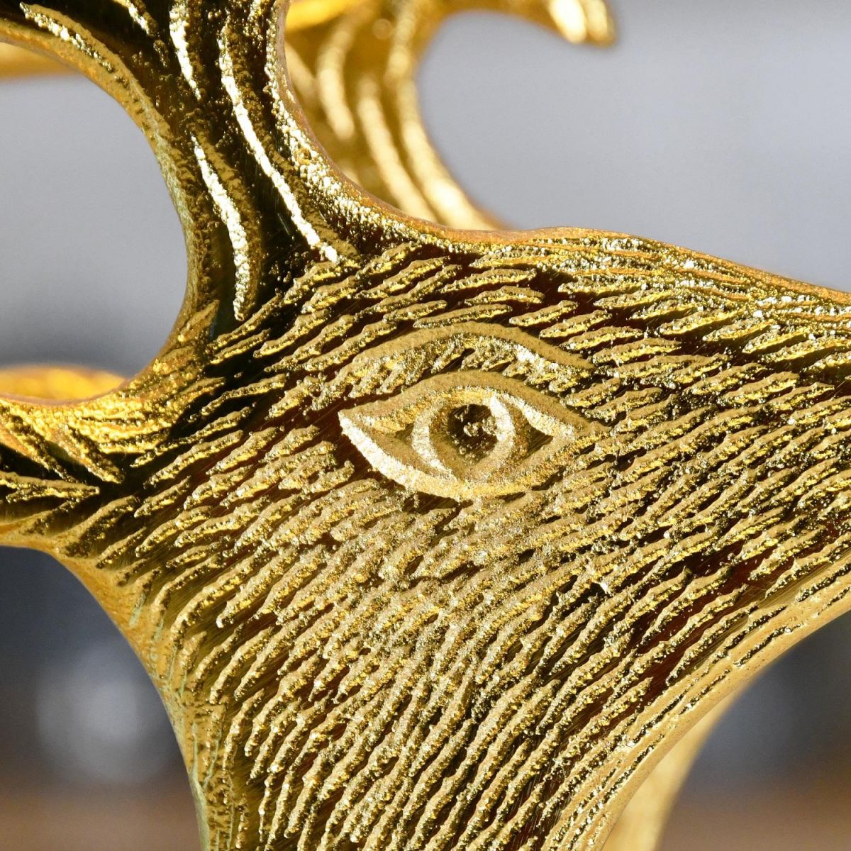 Close up embossed detailing around stag"s head and eye 