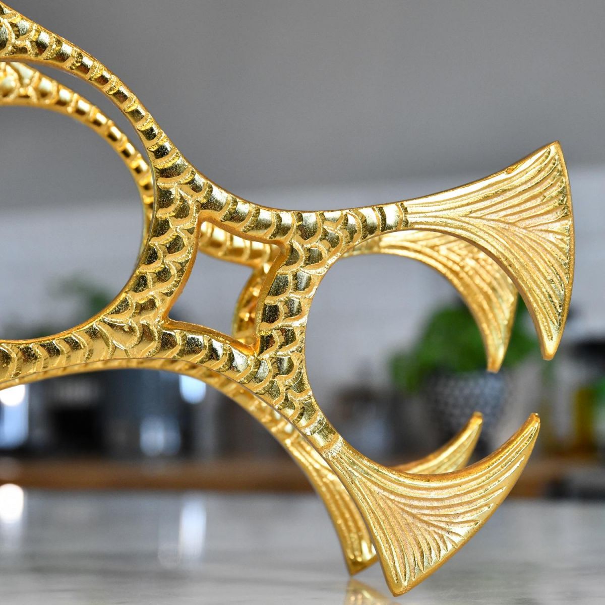 Close up of detailing on "Fish" Wine Rack 