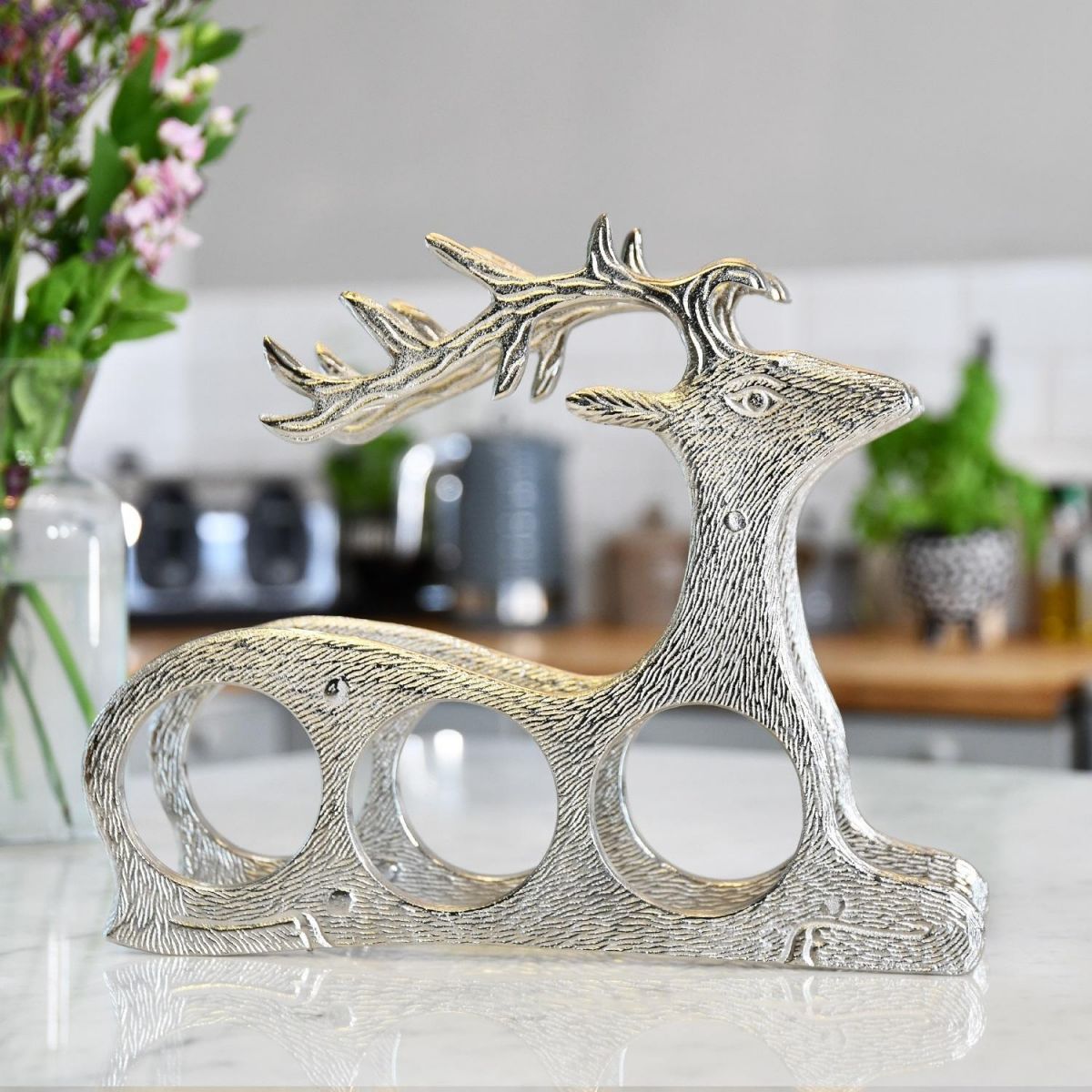 Antique Nickel "Laying Stag" Wine Rack in Kitchen