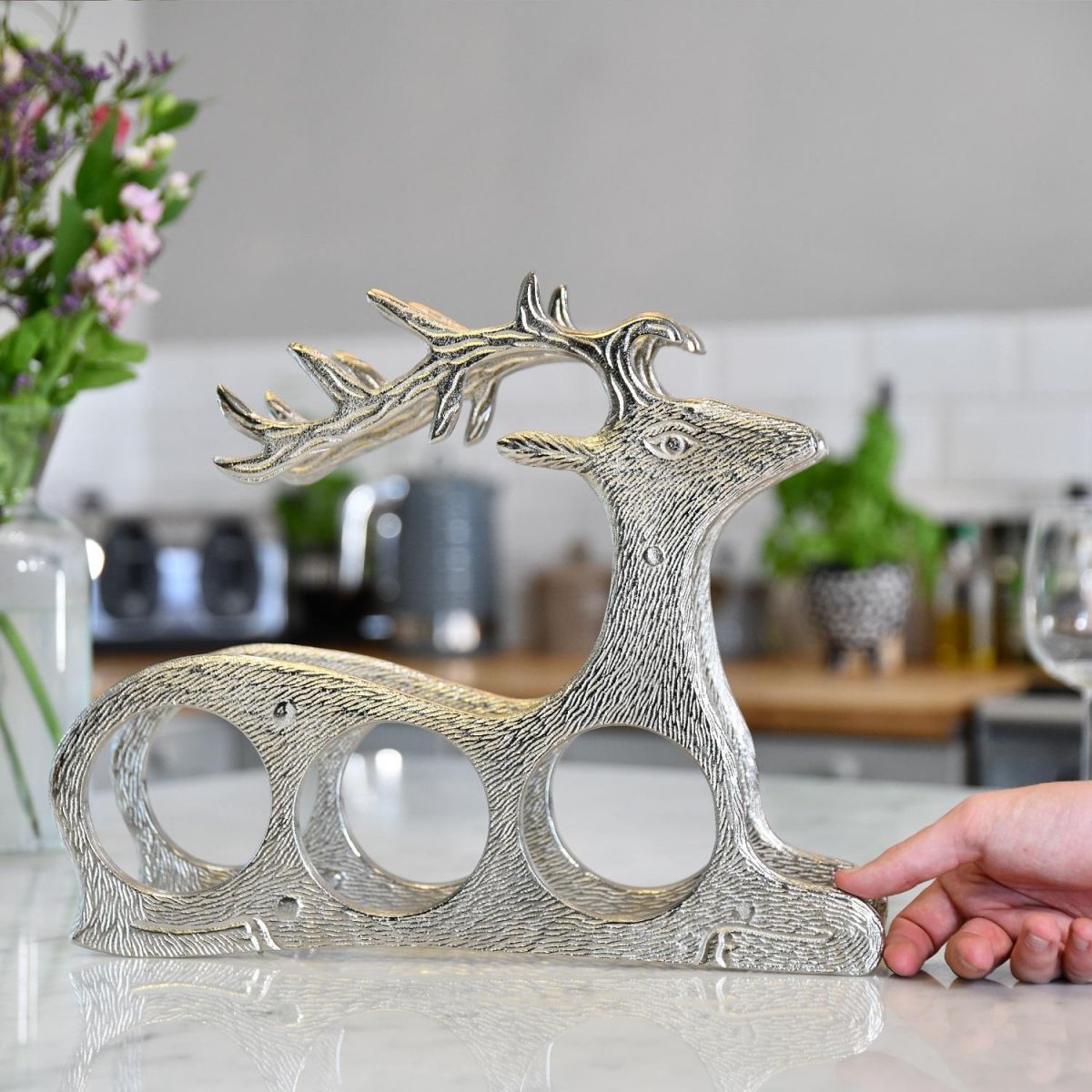 "Laying Stag" Wine Rack in Antique Nickel Finish 