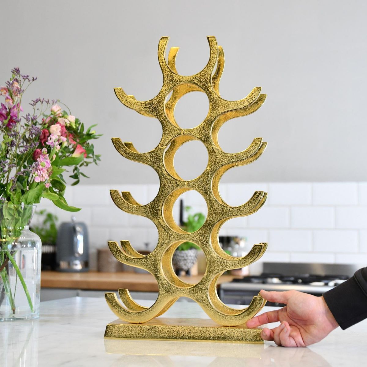 Gold "Branches" Wine Rack in Kitchen 