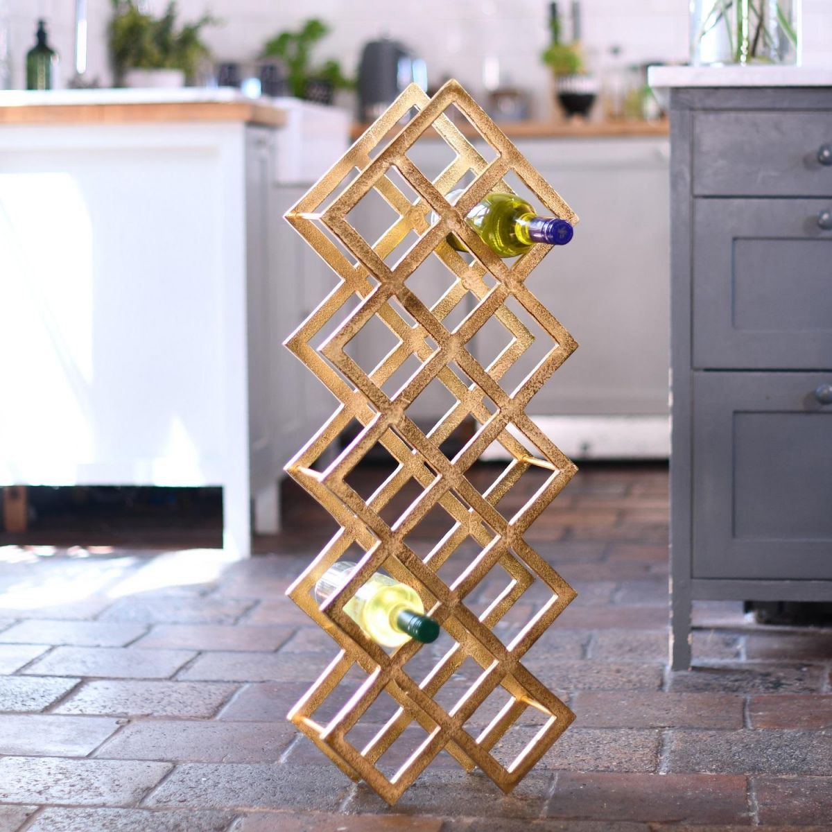 "Geometric Grid" Wine Rack in Gold Finish in Kitchen  "Geometric Grid" Wine Rack in Gold Finish in Kitchen