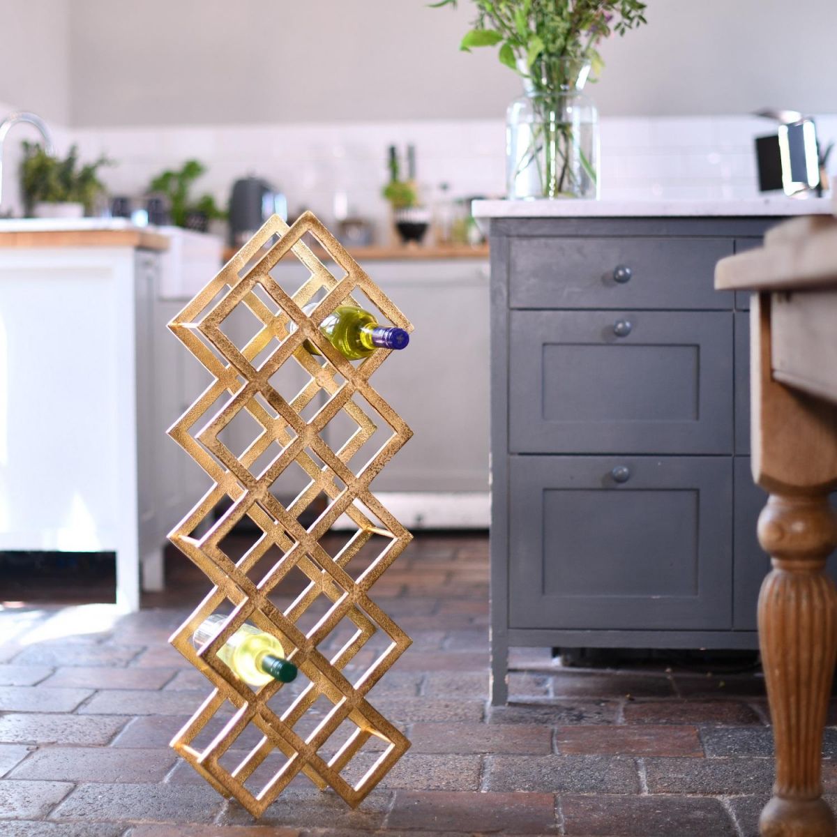 Gold "Geometric Grid" Wine Rack in Kitchen Setting  Gold "Geometric Grid" Wine Rack in Kitchen Setting