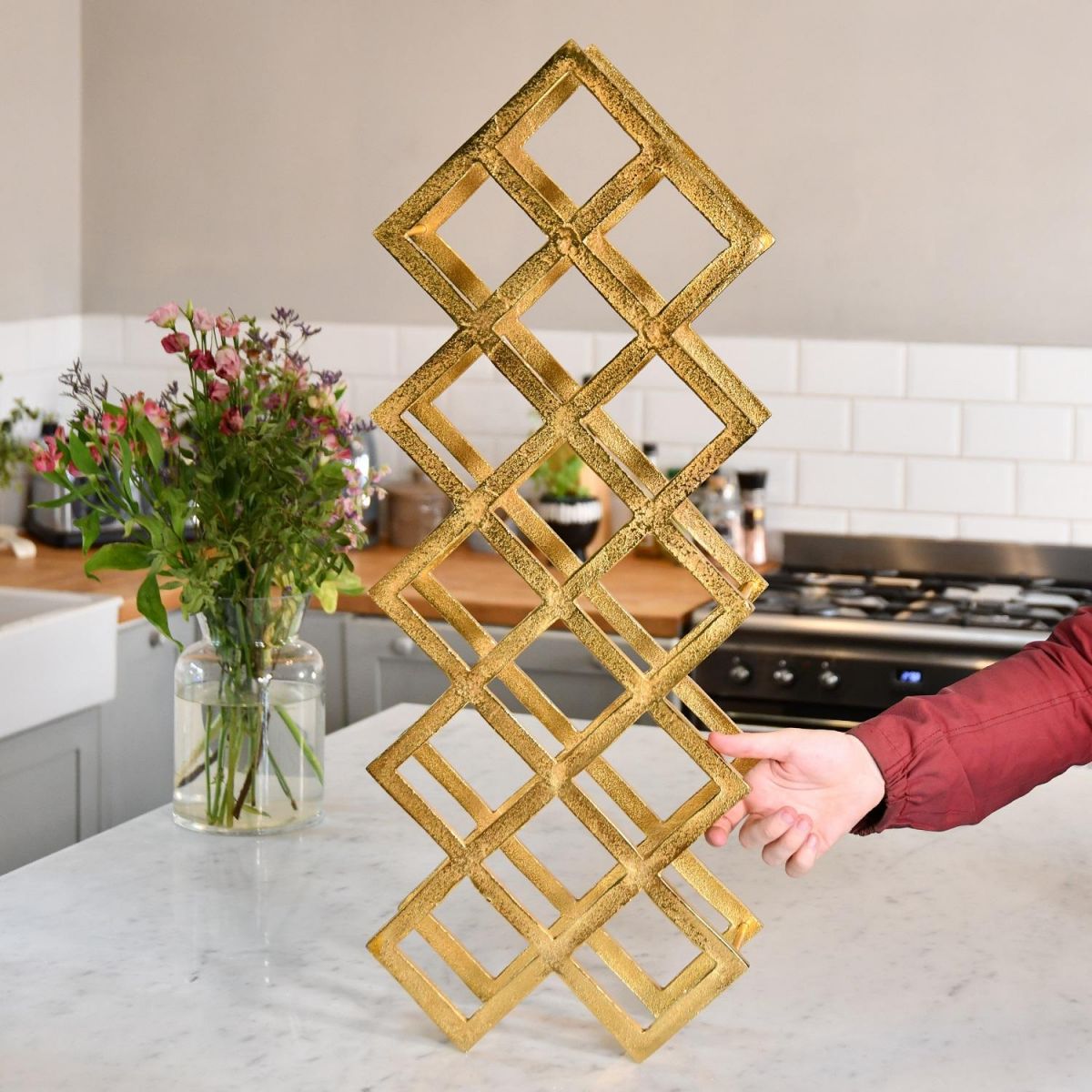 Gold "Geometric Grid" Wine Rack in Full  Gold "Geometric Grid" Wine Rack in Full