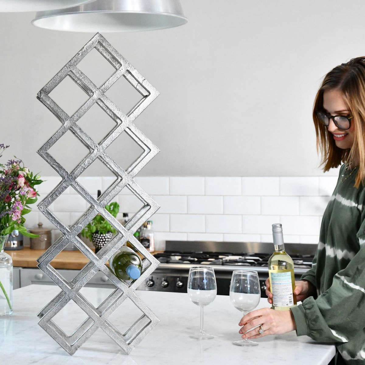 Polished Nickel "Geometric Grid" Wine Bottle Holder 