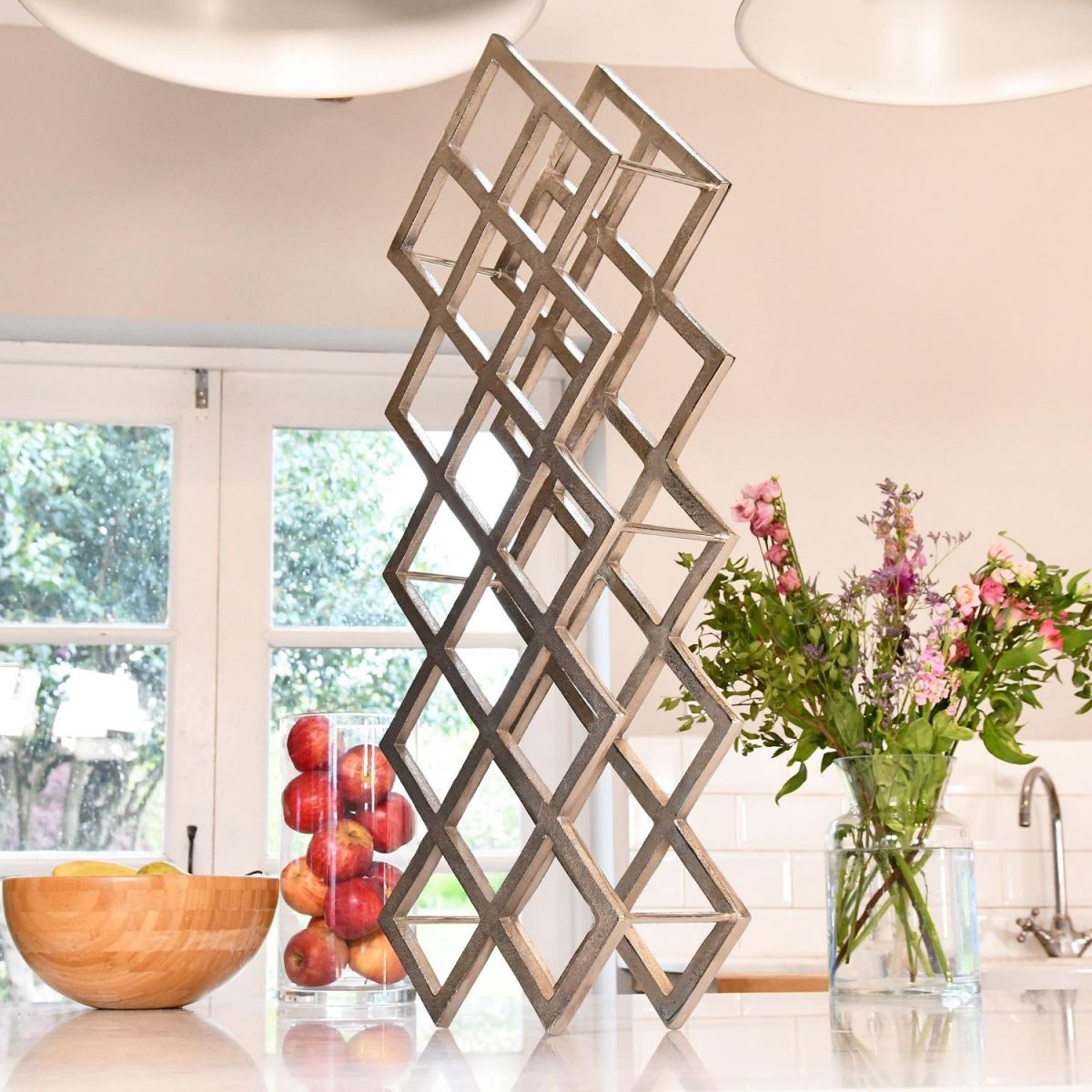 Polished Nickel "Geometric Grid" Wine Rack in Kitchen Setting 