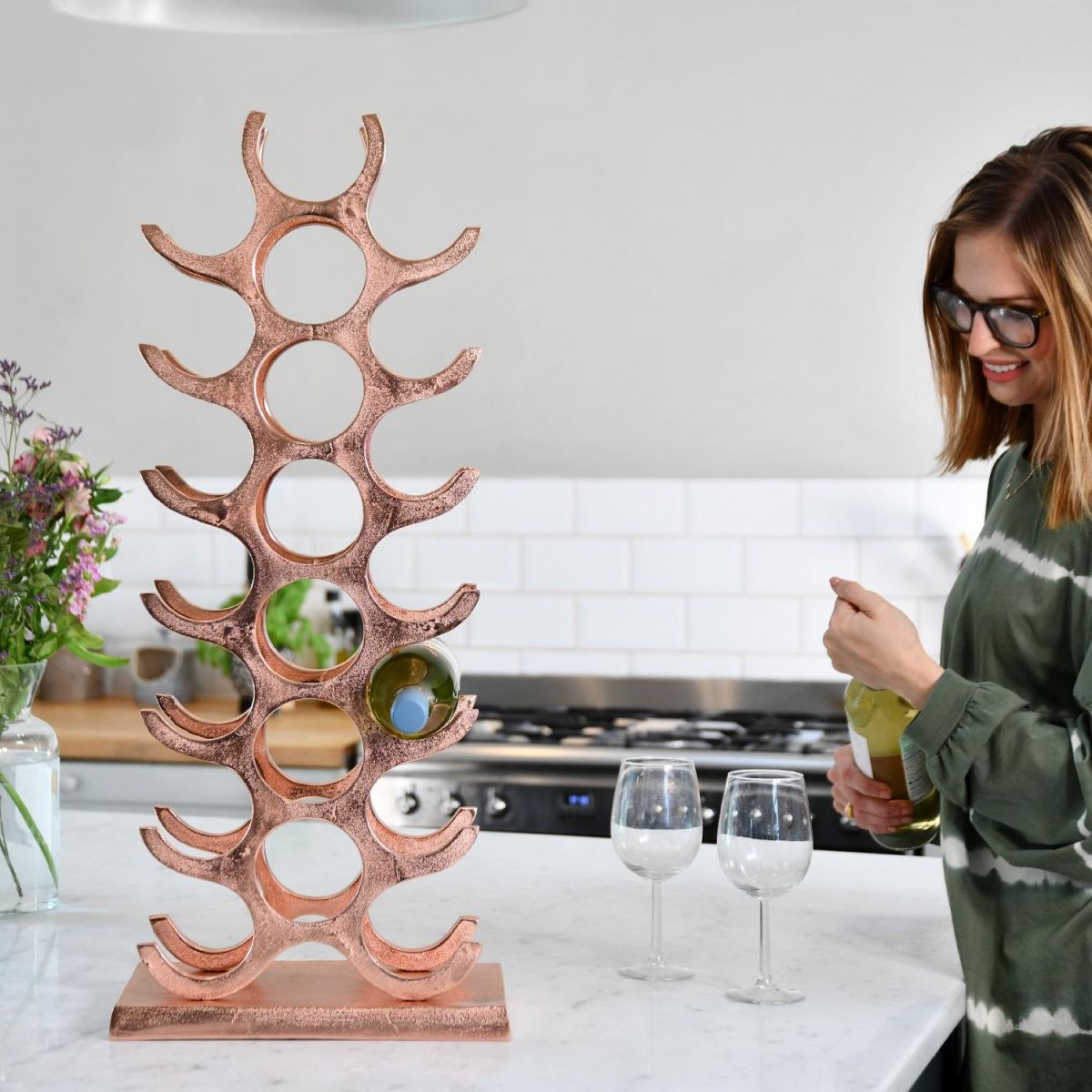 "Tree" Copper Wine Rack in Kitchen Setting 
