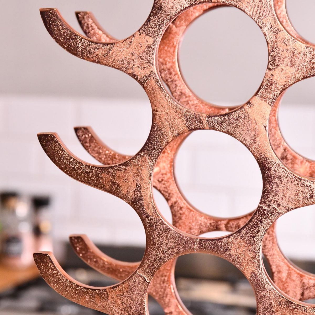 Close up of Copper Wine Rack 