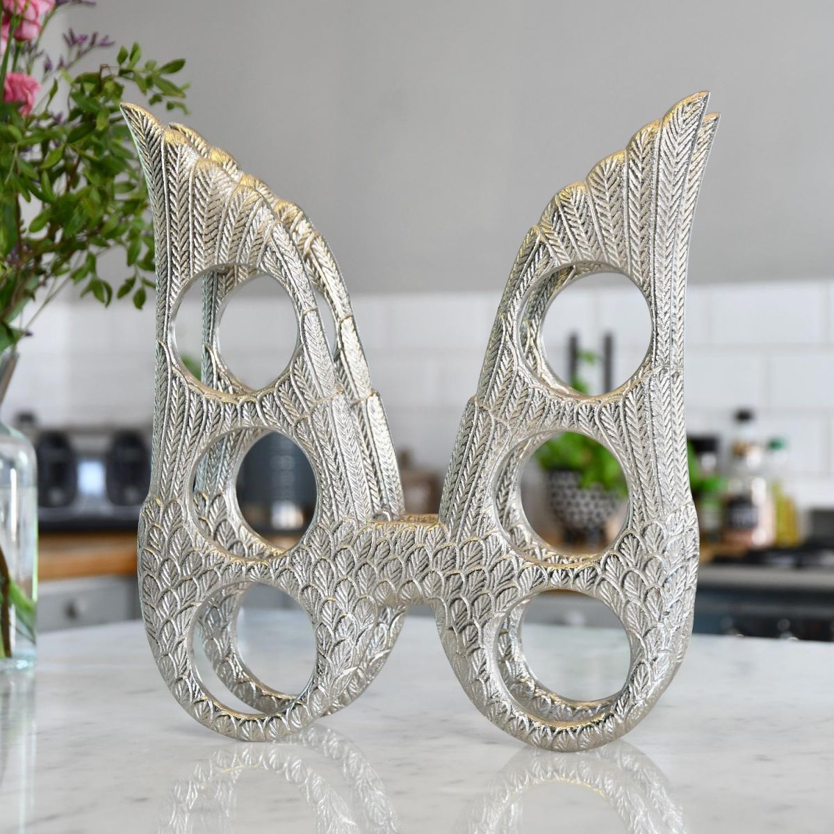 Antique Nickel "Angel Wings" Wine Rack on Kitchen Side 