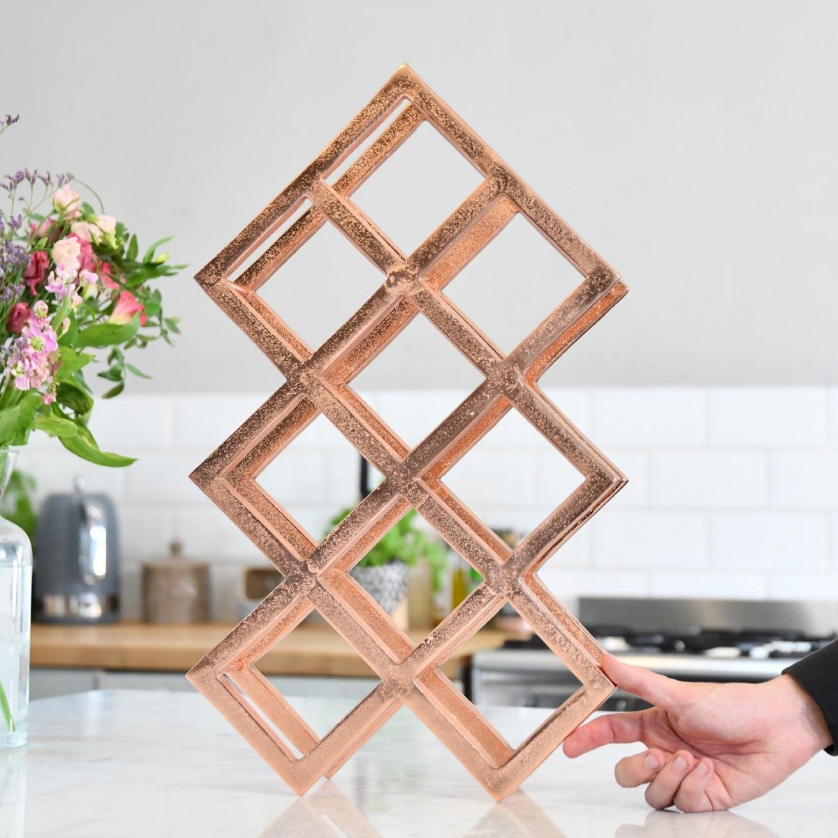 Copper "Geometric" Wine Rack in Kitchen Setting 