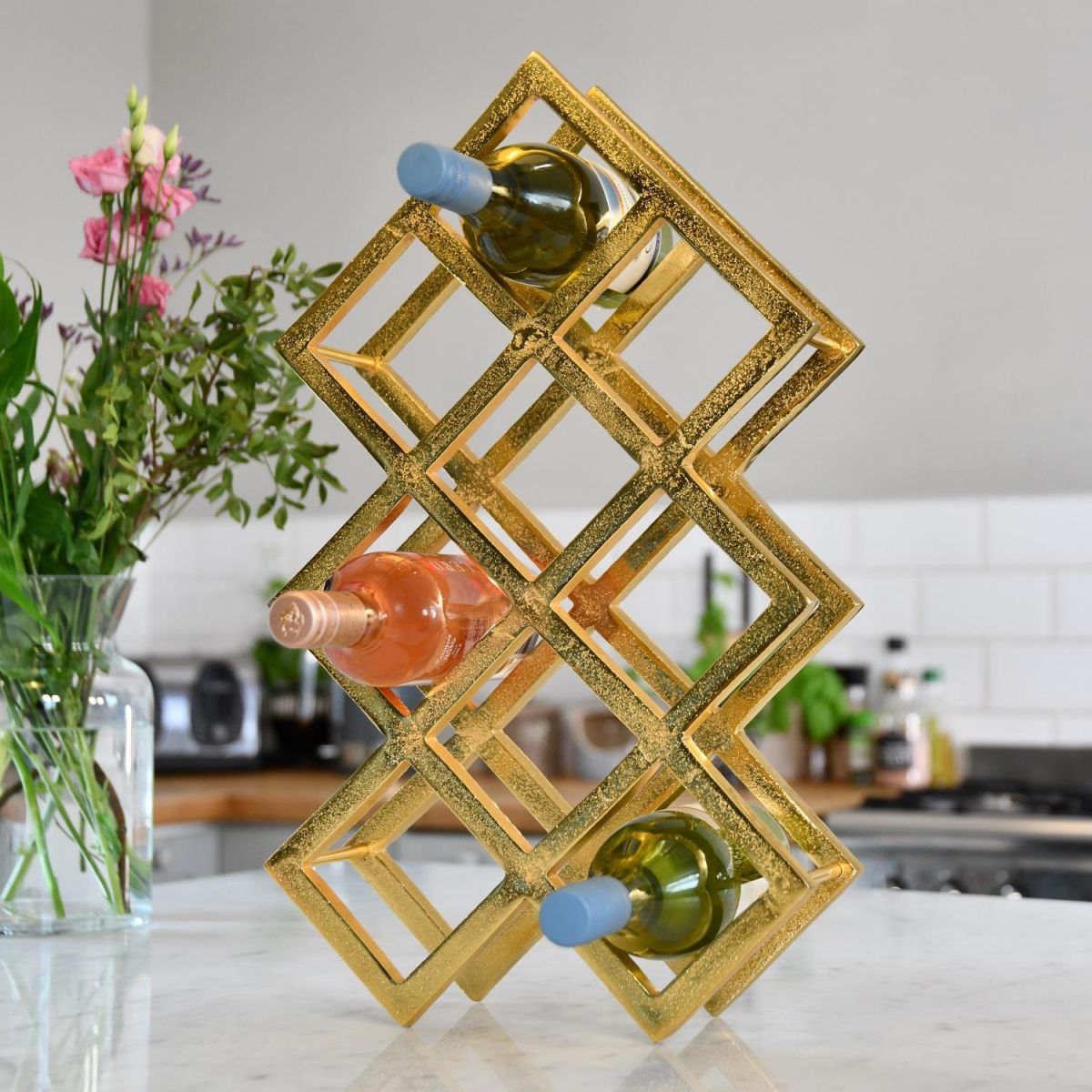 Gold Geometric Wine Rack in Kitchen Setting 