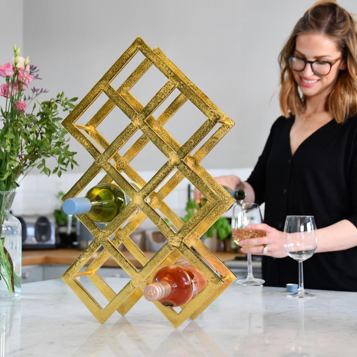 Geometric Gold Wine Rack in Full 