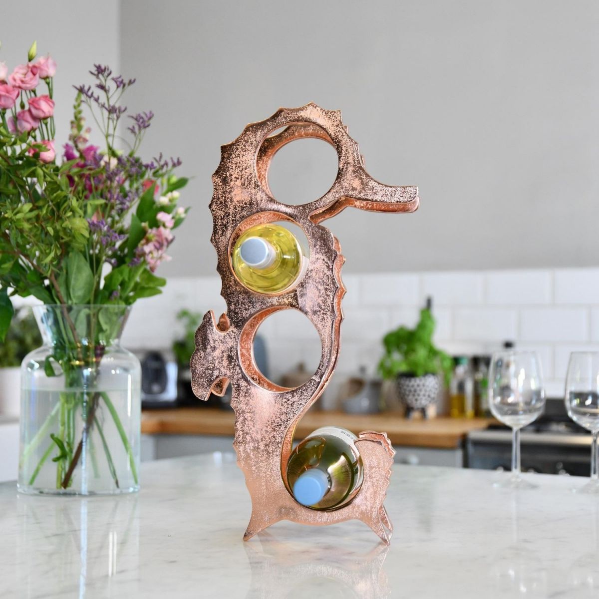 "Seahorse" Wine Rack in Copper Finish on Kitchen Countertop 