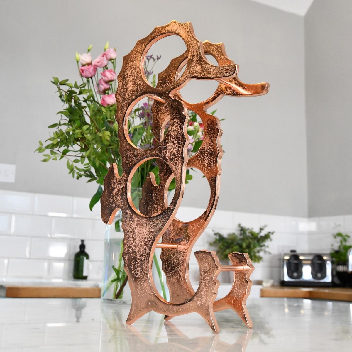 "Seahorse" Wine Rack on Kitchen Countertop 