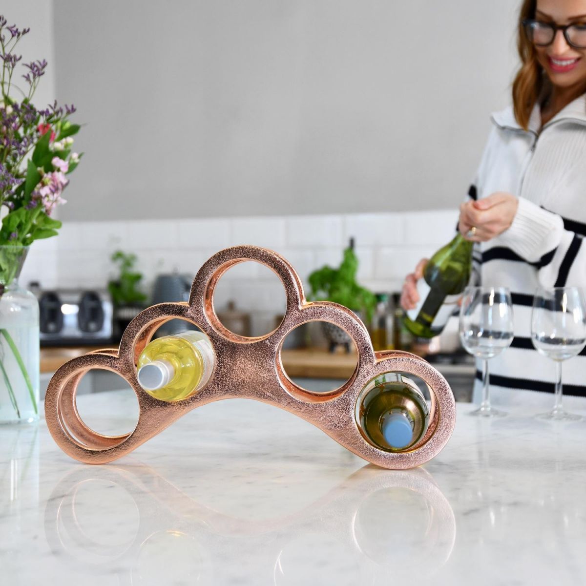 "The Arch" Copper Wine Rack in Kitchen with Wine Bottles 