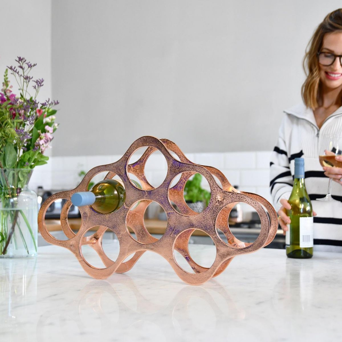 Copper "Cloud" Wine Rack in Kitchen Setting 