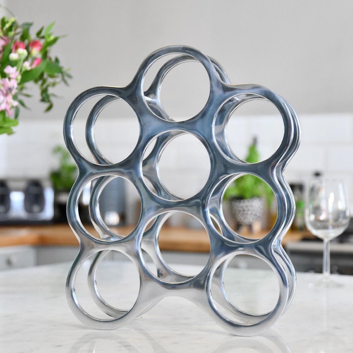 Antique Nickel "Floating Bubbles" Wine Rack in Kitchen Setting  Antique Nickel "Floating Bubbles" Wine Rack in Kitchen Setting