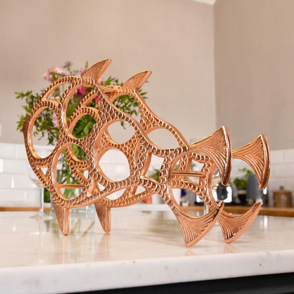 Side view of "Fish" Wine Rack in Kitchen Setting 