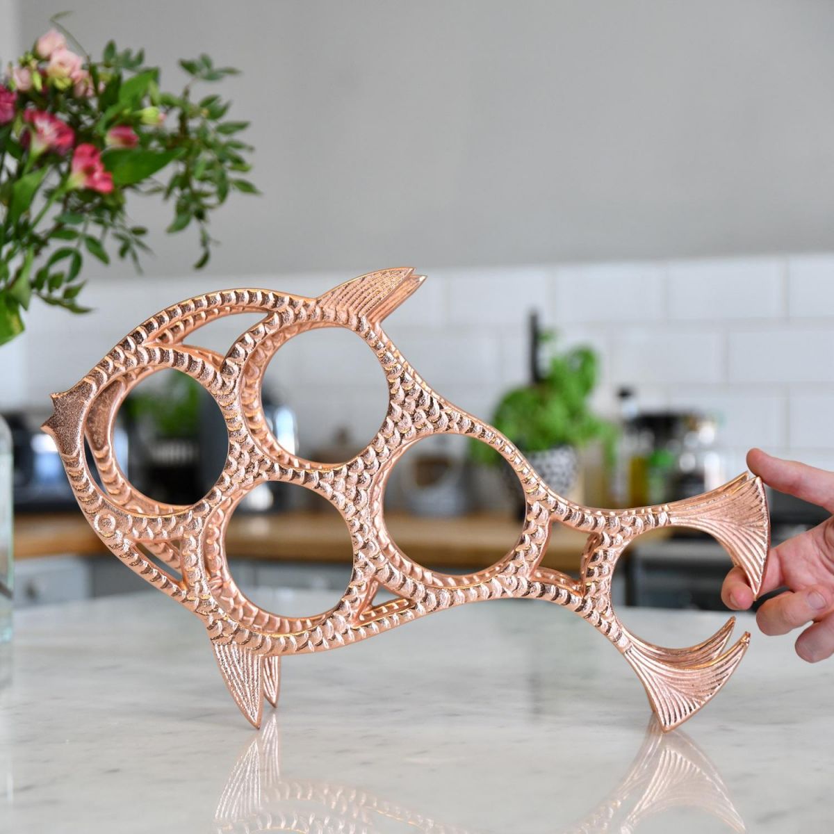 Copper "Fish" Wine Rack in Kitchen 