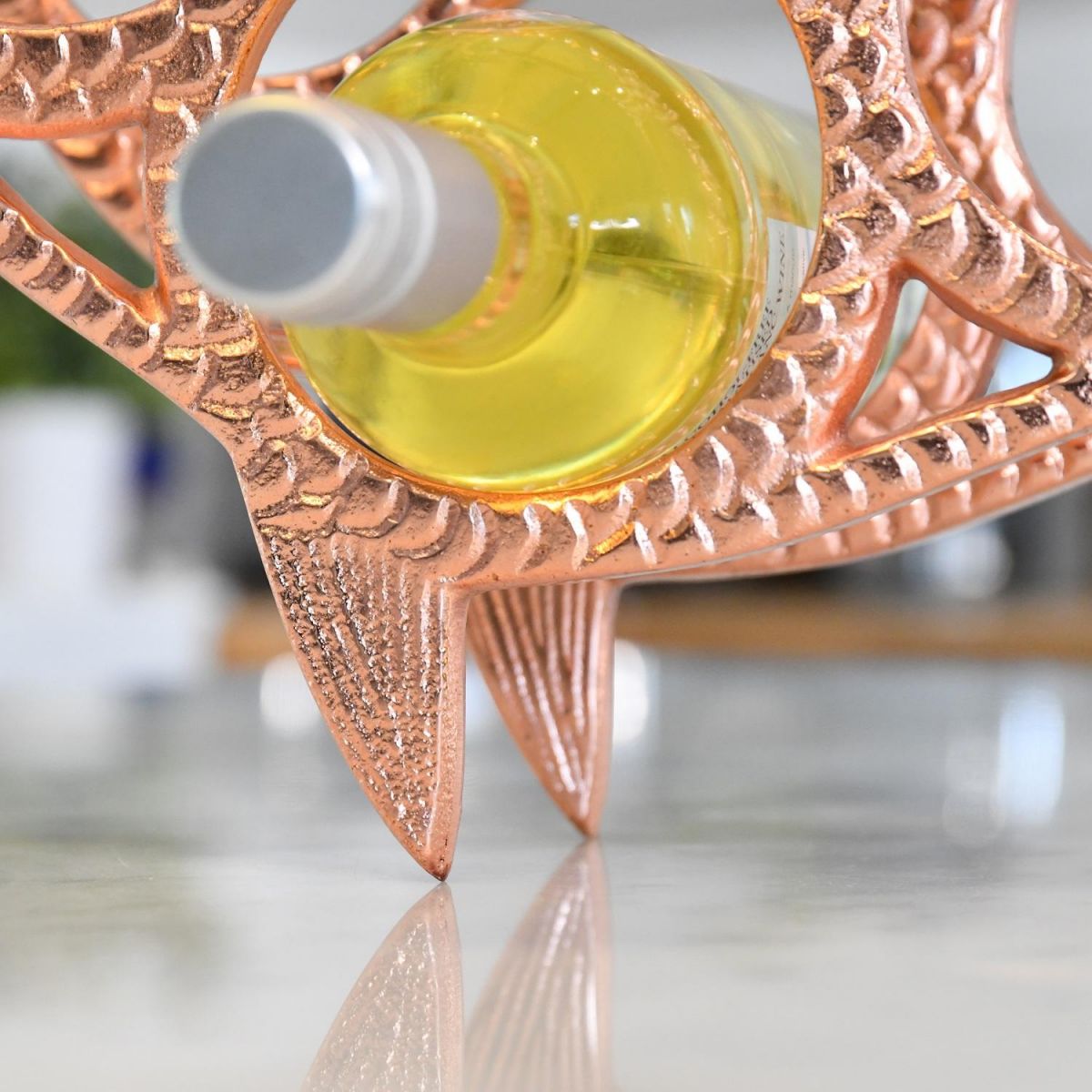 Close up of fin detailing on "Fish" Wine Rack 