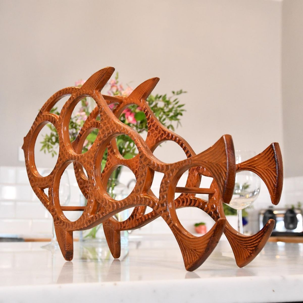 Side view of "Fish" Wine Rack in Rustic Finish 