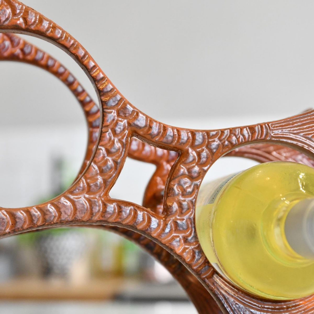 Close up of scale detailing on Rustic "Fish" Wine Rack 