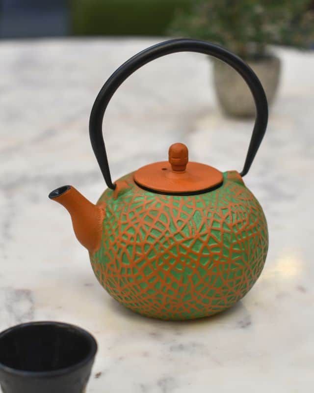 "Sarda" Green and Orange Cast Iron Japanese Style Teapot - Thumbnail