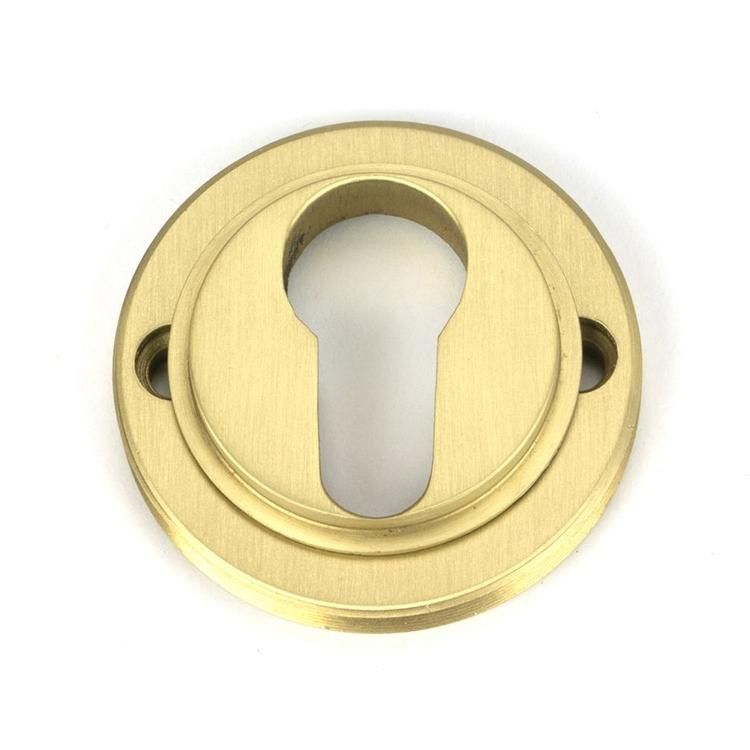 Situ Shot of Satin Brass "Circular" Beehive Euro Escutcheon - 53mm x 11mm Situ Shot of Satin Brass "Circular" Beehive Euro Escutcheon - 53mm x 11mm