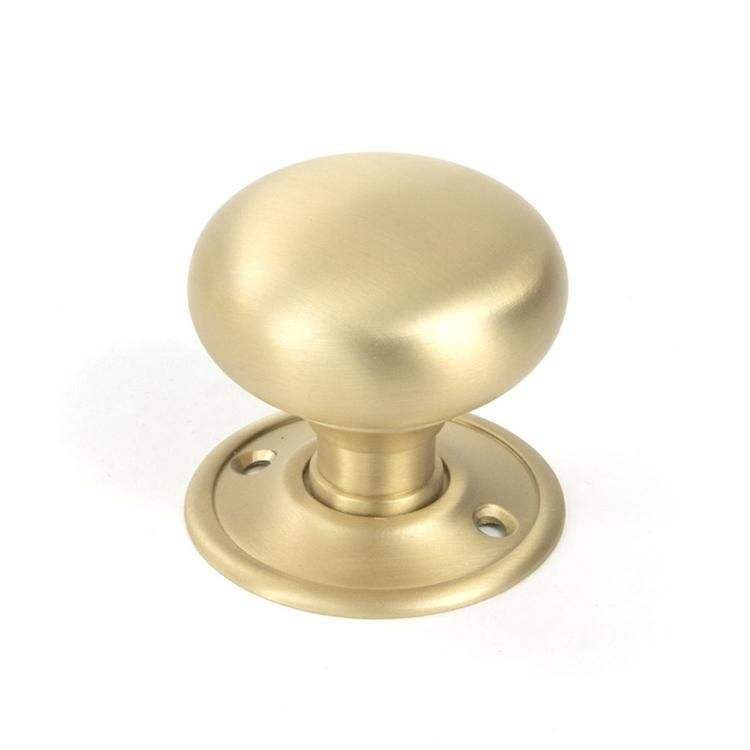 Close-Up of Satin Brass "Mushroom Meadow" Mortice & Rim Doorknob Set