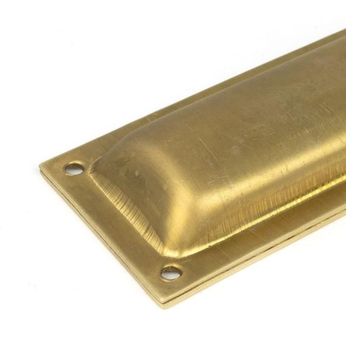 Close-Up of Back of Satin Brass "PUSH" Flush Door Handle - 102mm x 45mm