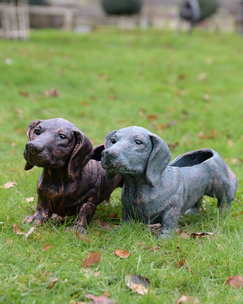 "Digby" the Sausage Dog Cast Aluminium Planter - Copper stood with verdigris version