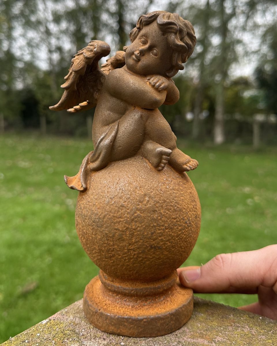 Scale image of Rustic Cast Iron "Cassiel" the Sleeping Cherub Garden Sculpture