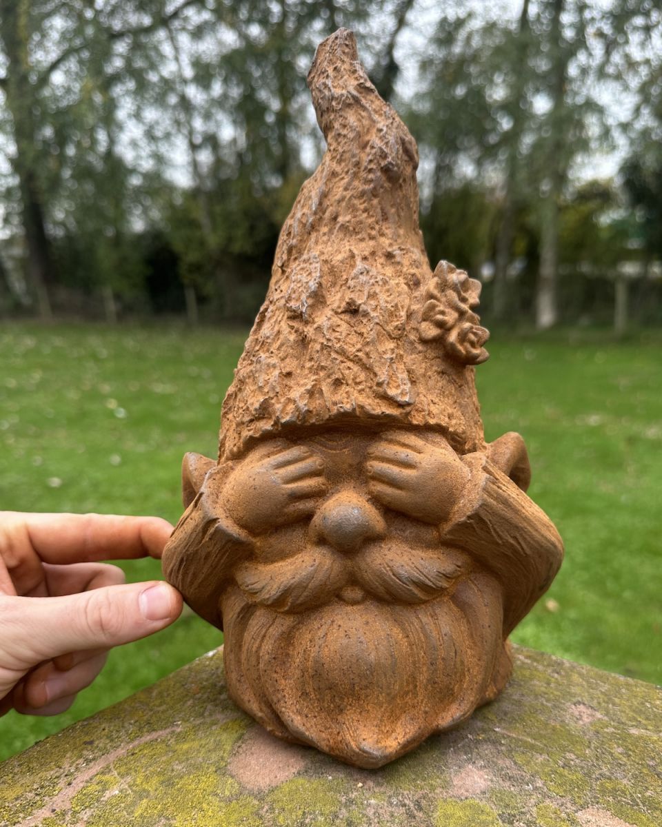 Scale image of Rustic Cast Iron "Silas" the See No Evil Gnome Sculpture