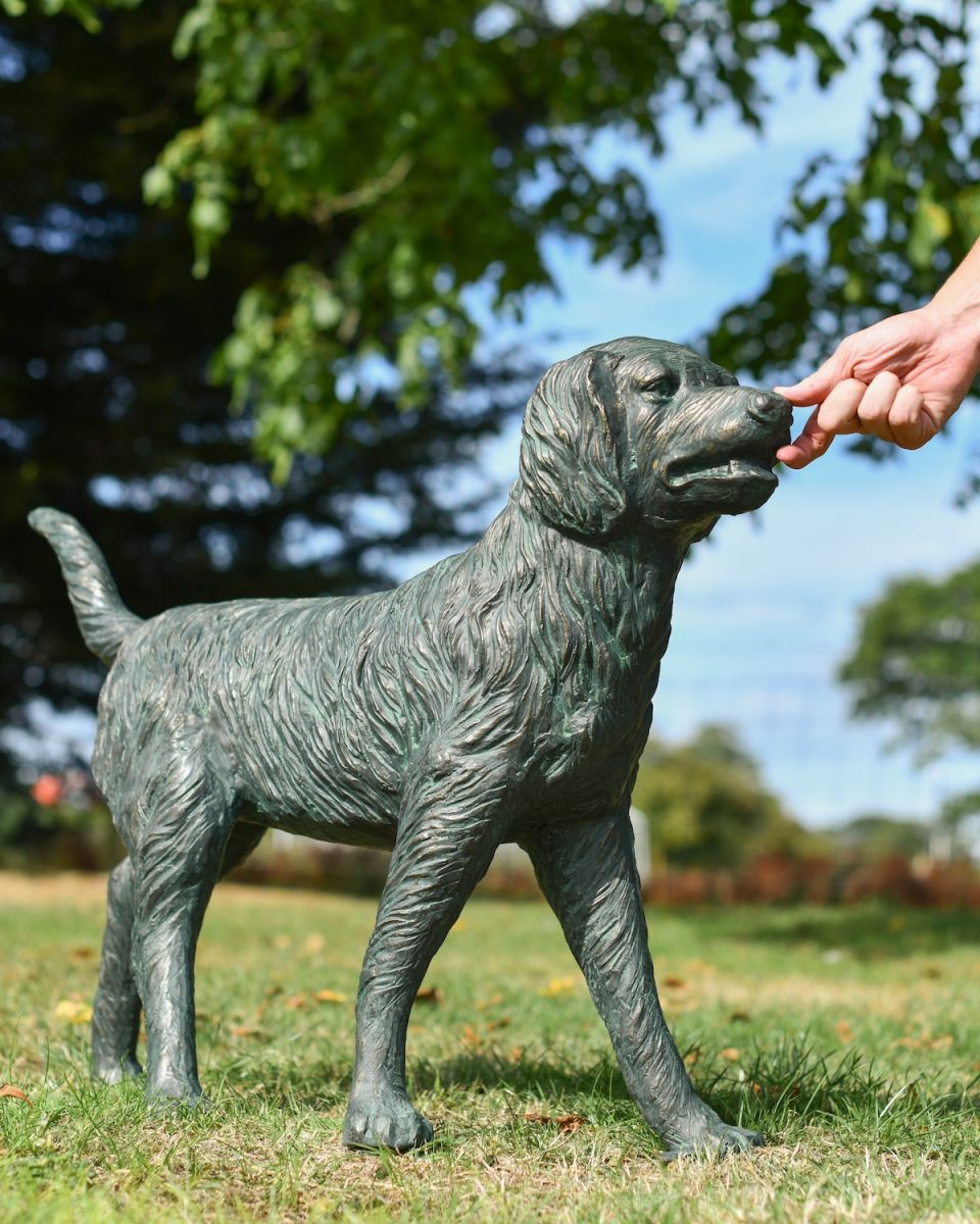 Scale image of "Sunny" the Verdigris Retriever Dog Sculpture