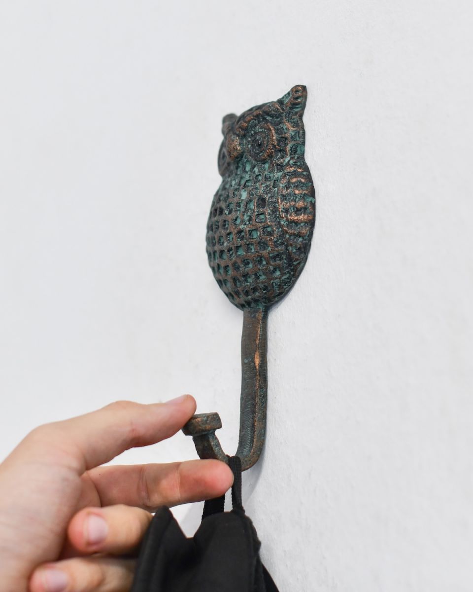 Scale in situ photo of verdigris owl coat hook
