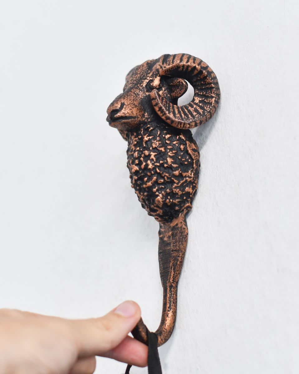 Scale in situ photo of copper ram head coat hook