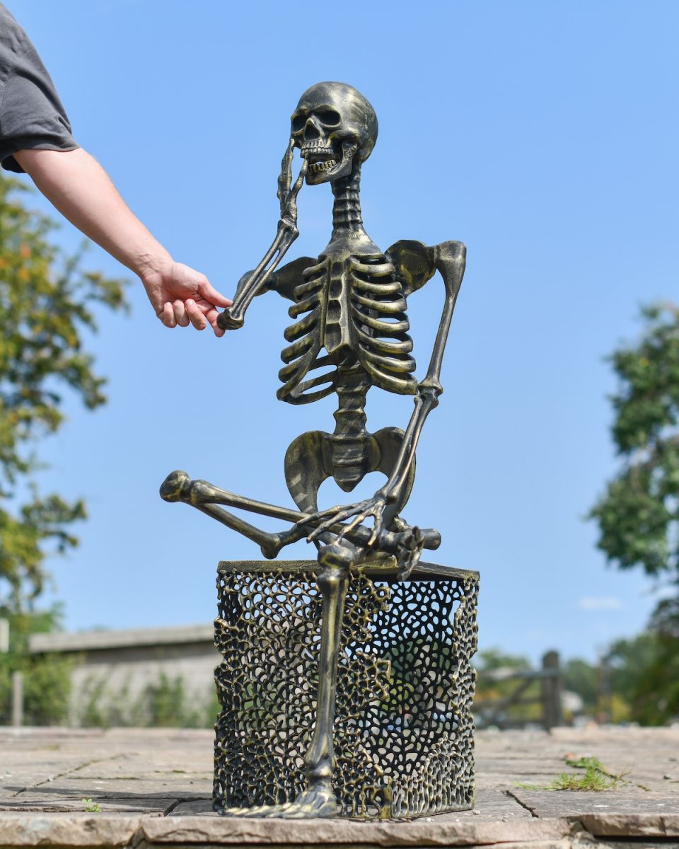 Scale image of brushed gold skeleton detail on outdoor sculpture