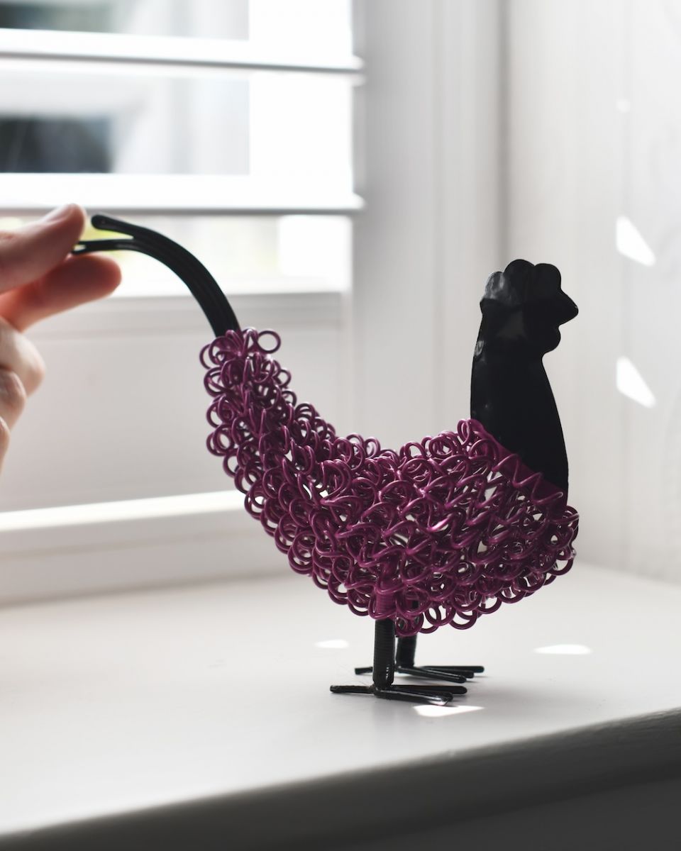 Scale image of Reggie the recycled cockerel sculpture purple Scale image of Reggie the recycled cockerel sculpture purple