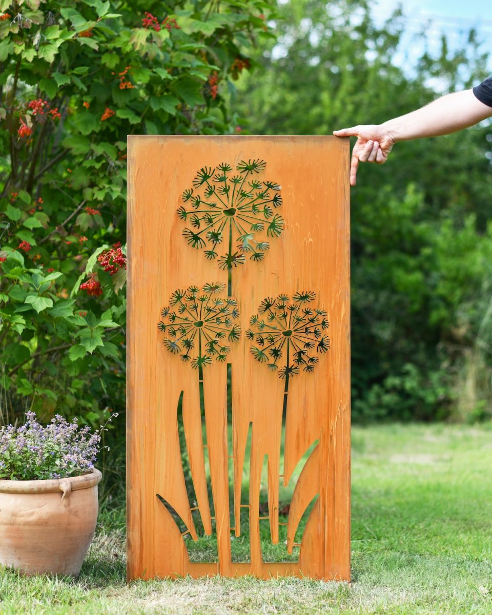 Scae image of Rustic Dandelion Decorative Garden Screen on freestanding garden screen