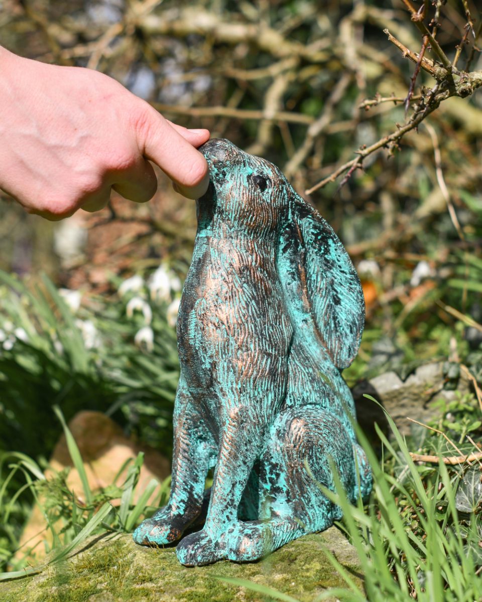 Scale Of The Verdigris Stargazing Rabbit Cast Aluminium Garden Sculpture Scale Of The Verdigris Stargazing Rabbit Cast Aluminium Garden Sculpture