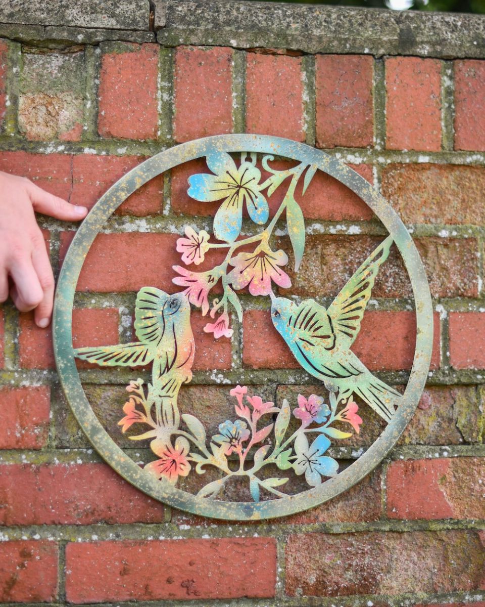 Scale image of colourful rust finish steel garden wall art