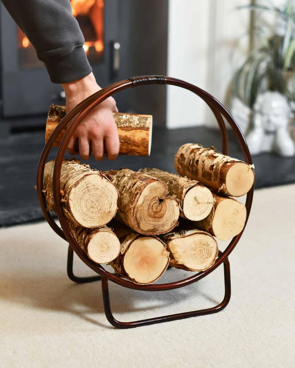 Scale Shot of Copper Contemporary Circular Log Rack & Holder With Handle - 45cm