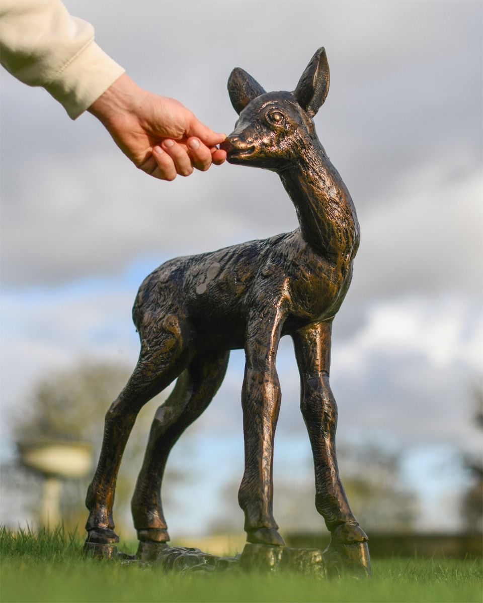 Scale Shot "Hazel" Fawn On Base Garden Sculpture