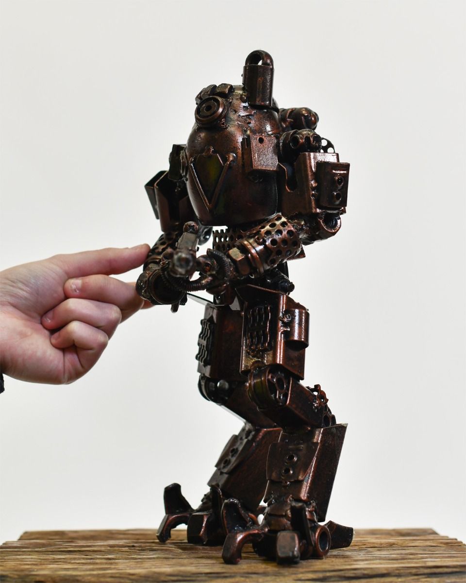 Close Up of Recycled Metal Parts "Titan" Ornament Scale Shot