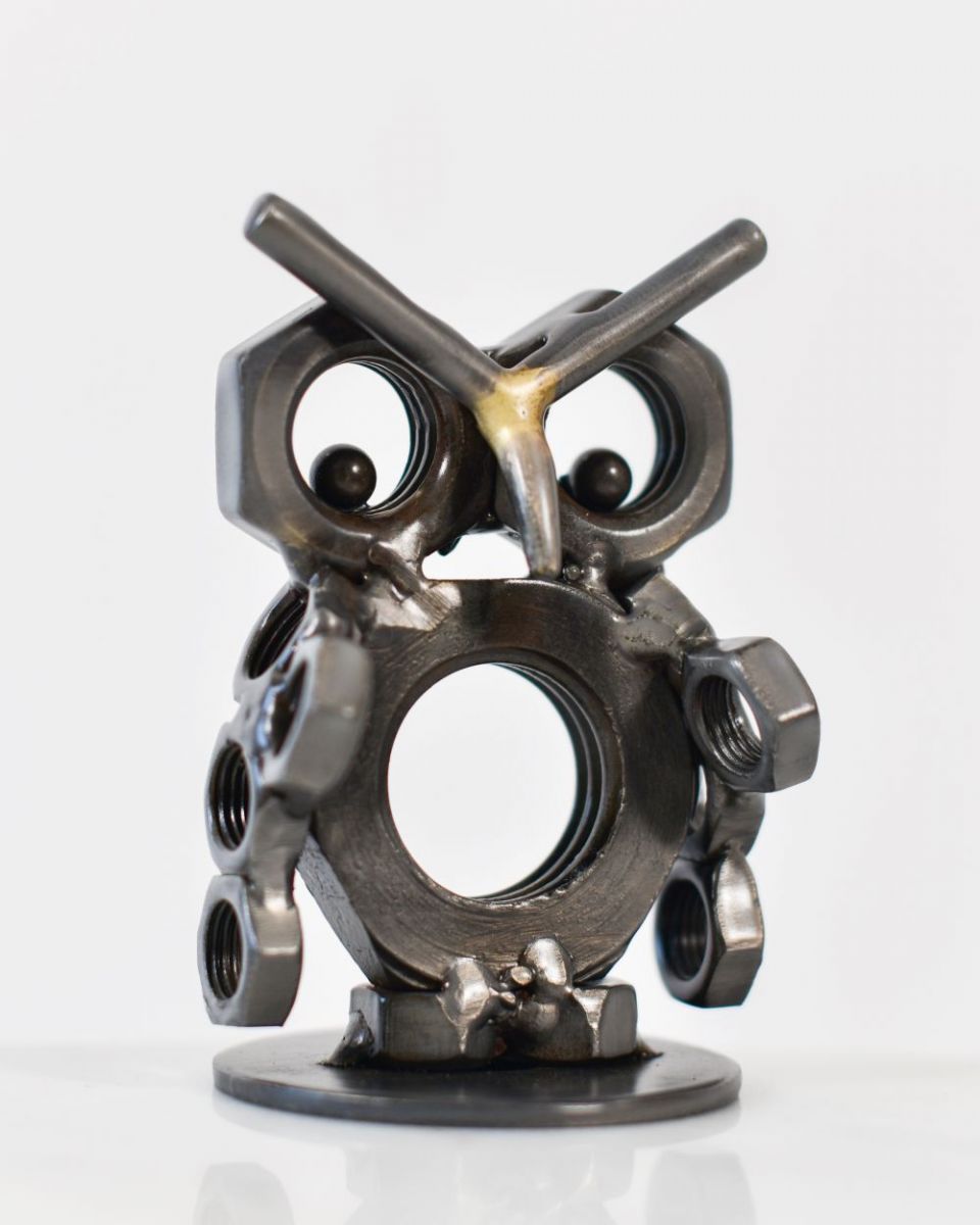 Owlet Scrap Metal Sculpture Three Quarter View